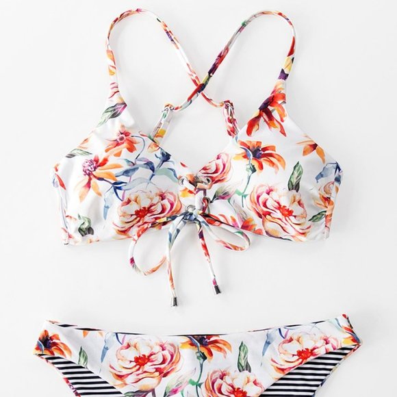 Floral And Striped Reversible Bikini - Picture 1 of 5
